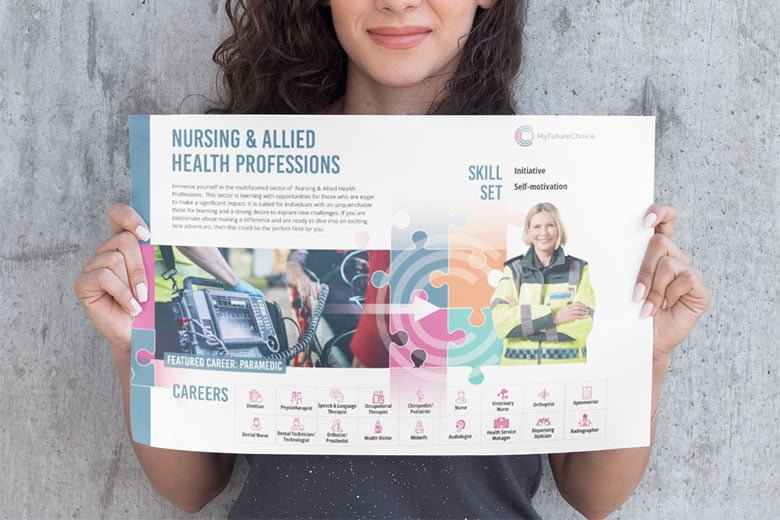 student holding career area poster